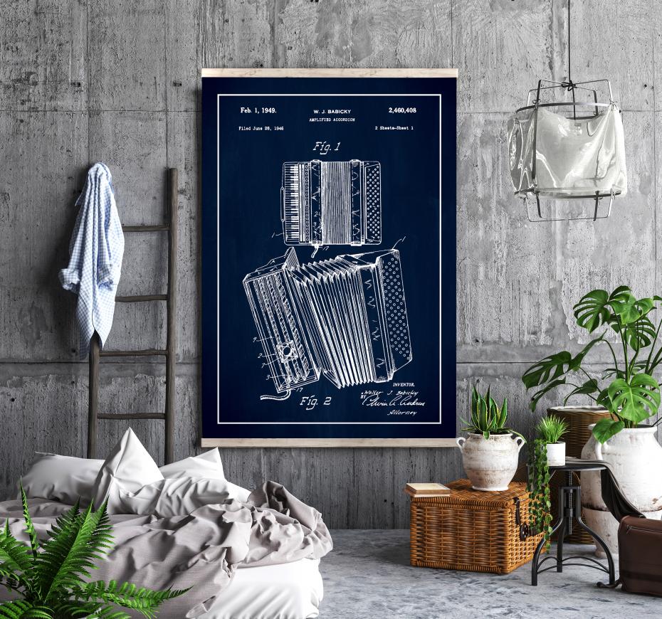 Patent Print - Amplified Accordion I - Blue Poster
