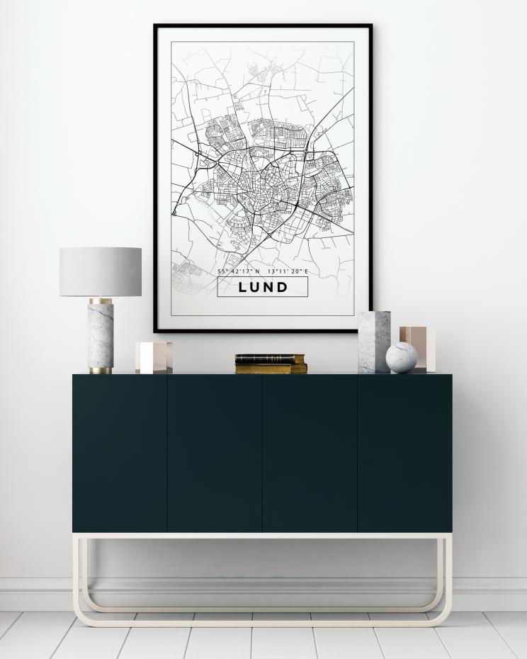 Karta - Lund - Vit Poster
