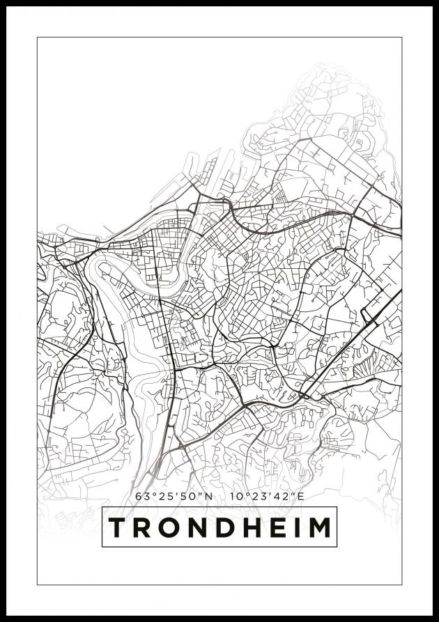 Karta - Trondheim - Vit Poster