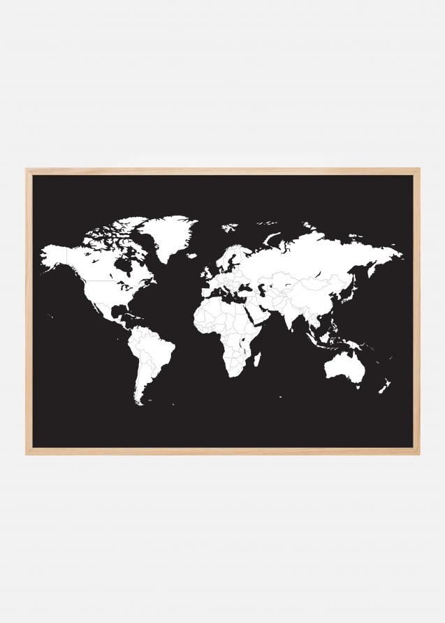 Världskarta Vit Med Svart Bakgrund Poster