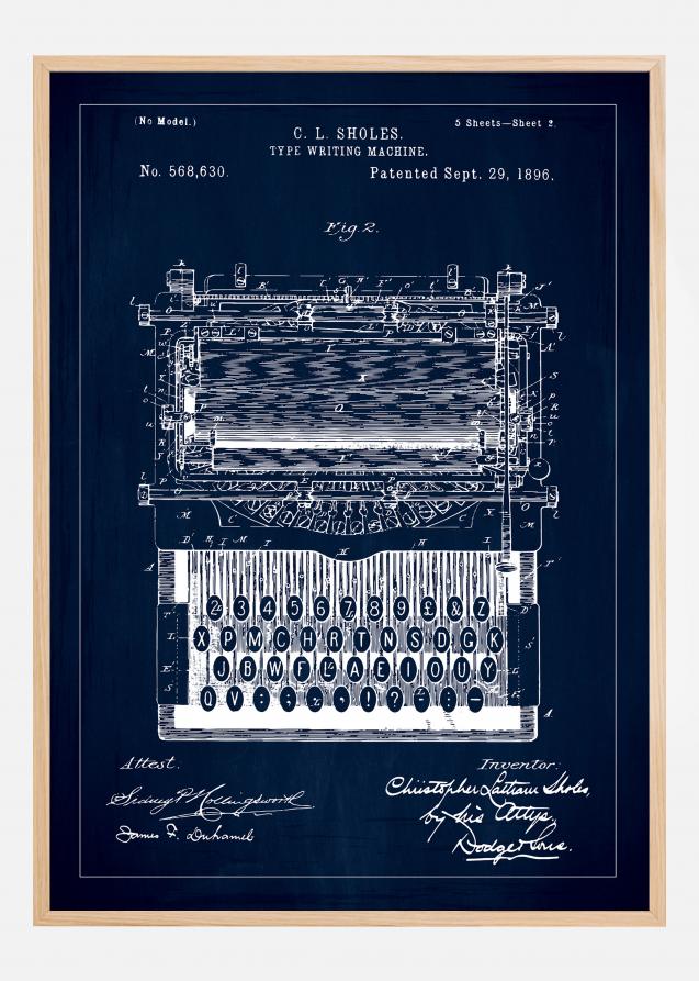 Patentritning - Skrivmaskin - Blå Poster