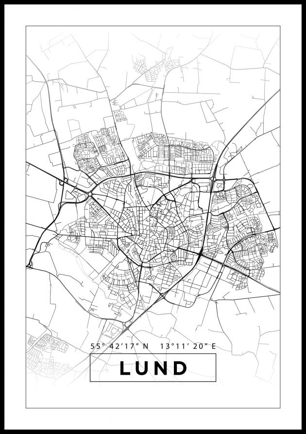 Karta - Lund - Vit Poster