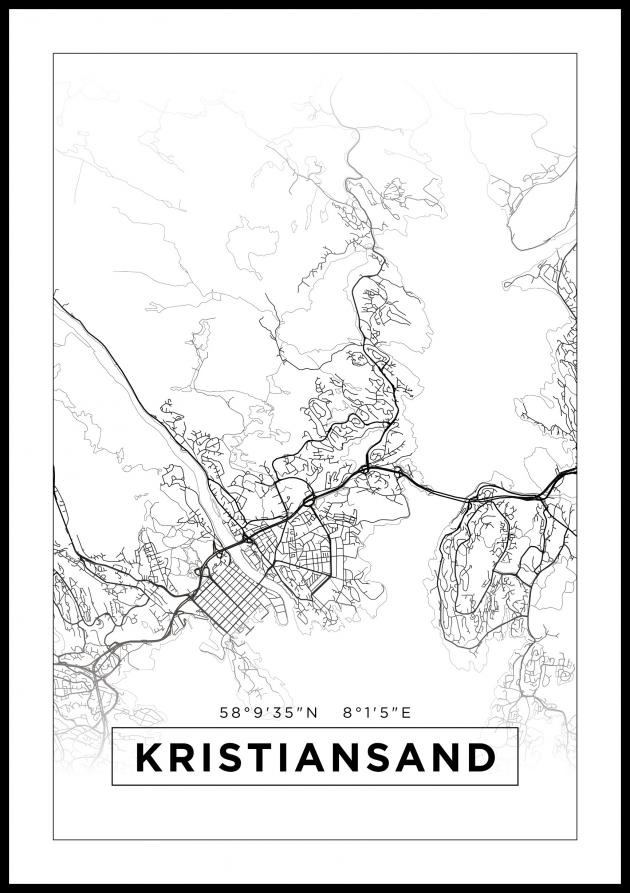 Karta - Kristiansand - Vit Poster