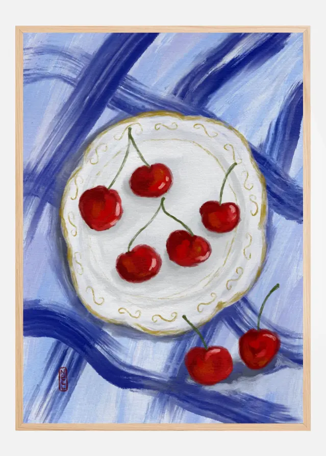A Plate of Cherries Food Painting Poster
