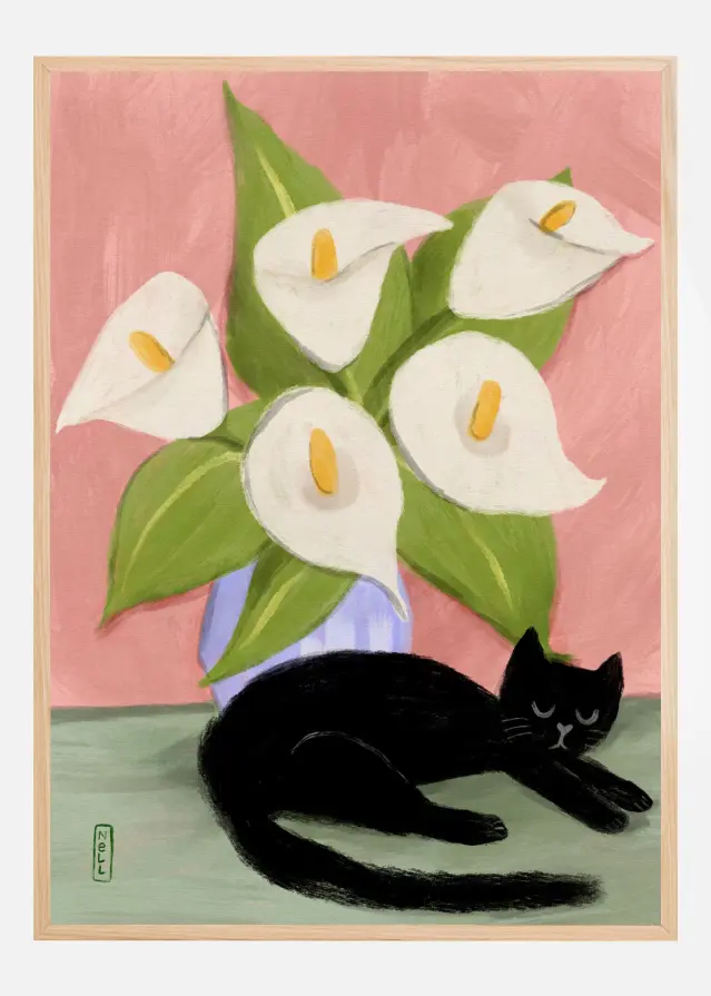 Lilies In a Vase and a Black Cat - Still Life Poster