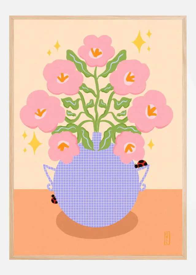 Pink Retro Flowers in a Vase Poster