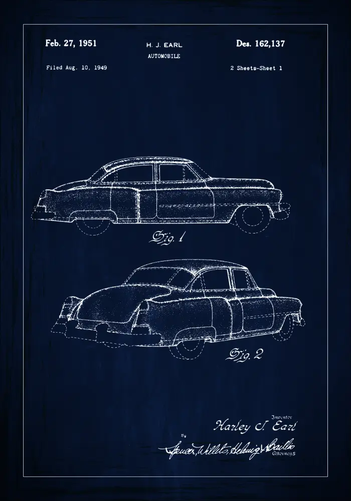 Patentritning - Cadillac I - Blå Poster