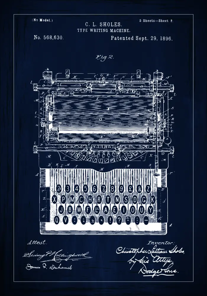 Patentritning - Skrivmaskin - Blå Poster