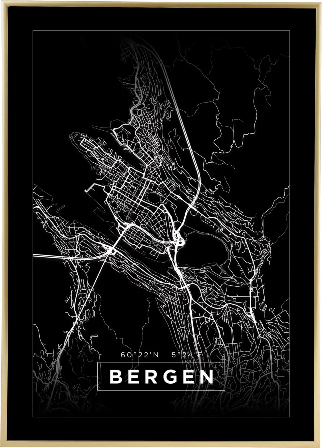 Karta - Bergen - Svart Poster