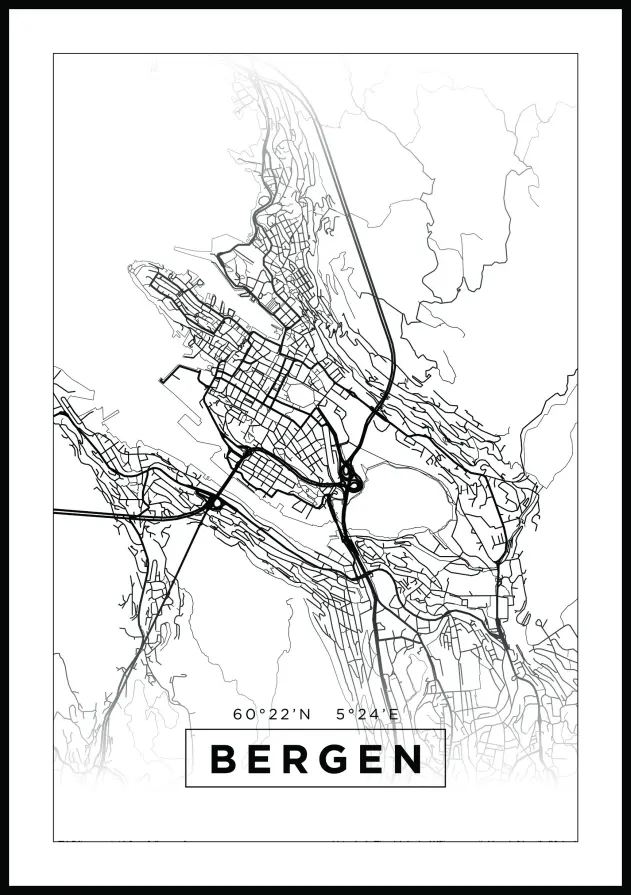 Karta - Bergen - Vit Poster