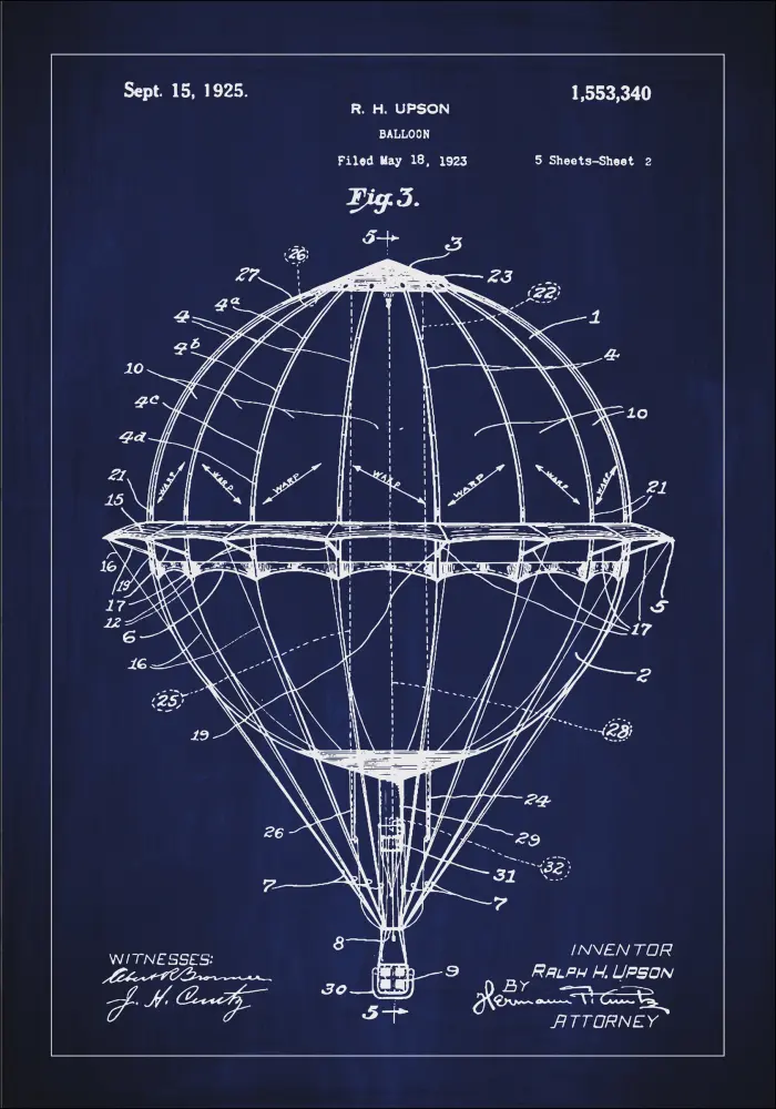 Patentritning - Luftballong - Blå Poster