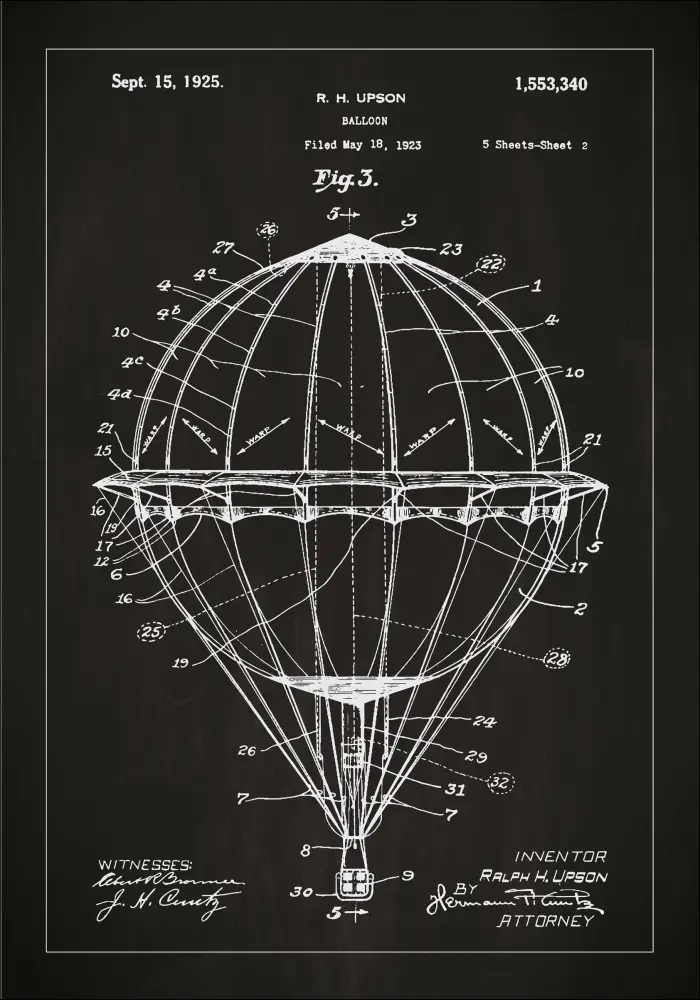 Patentritning - Luftballong - Svart Poster