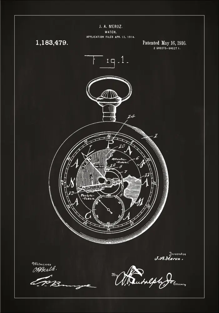 Patentritning - Fickur - Svart Poster