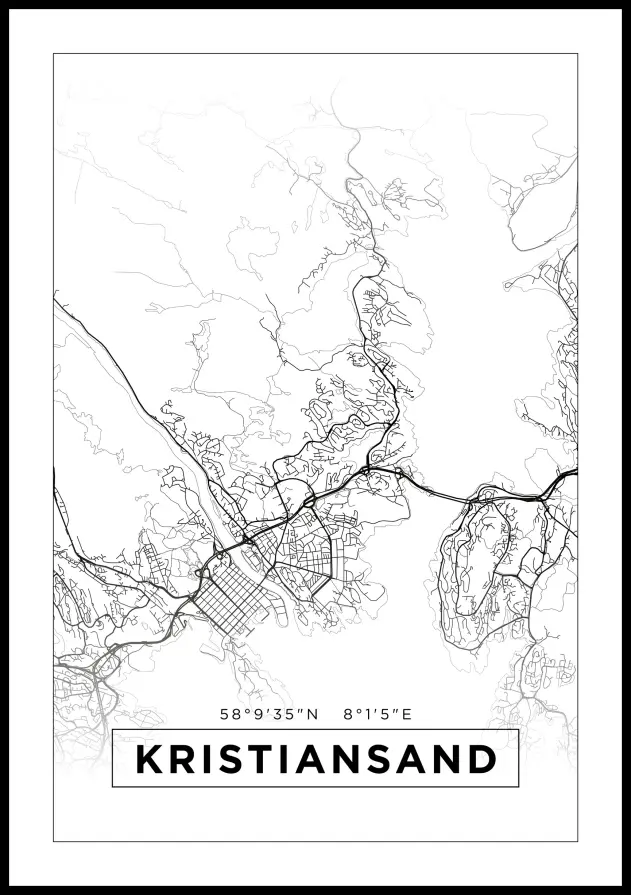 Karta - Kristiansand - Vit Poster