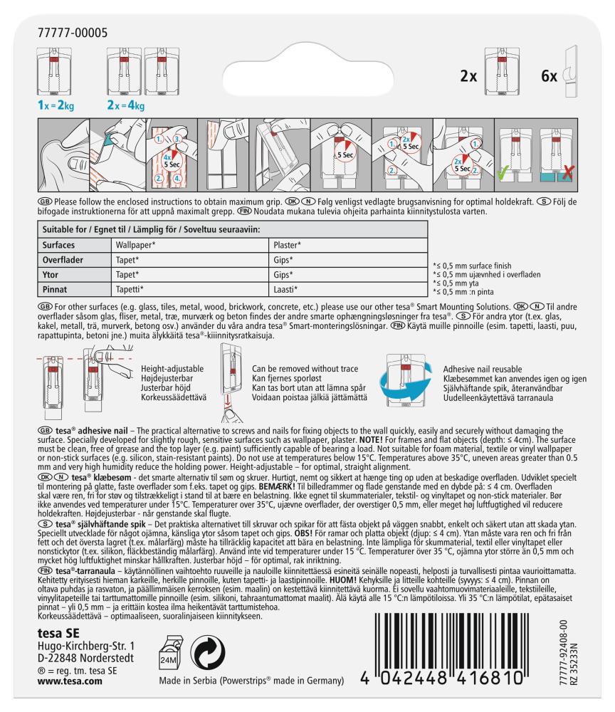 Tesa - Justerbar självhäftande spik för alla typer av väggar (max 2x2kg)