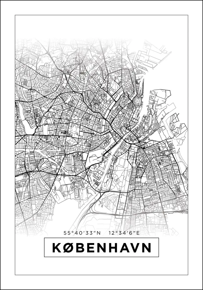 Karta - København - Vit Poster
