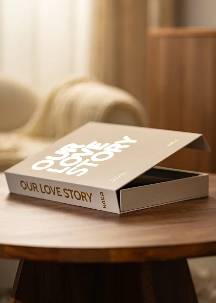 KAILA OUR LOVE STORY Creme - Coffee Table Photo Album (60 Svarta Sidor)