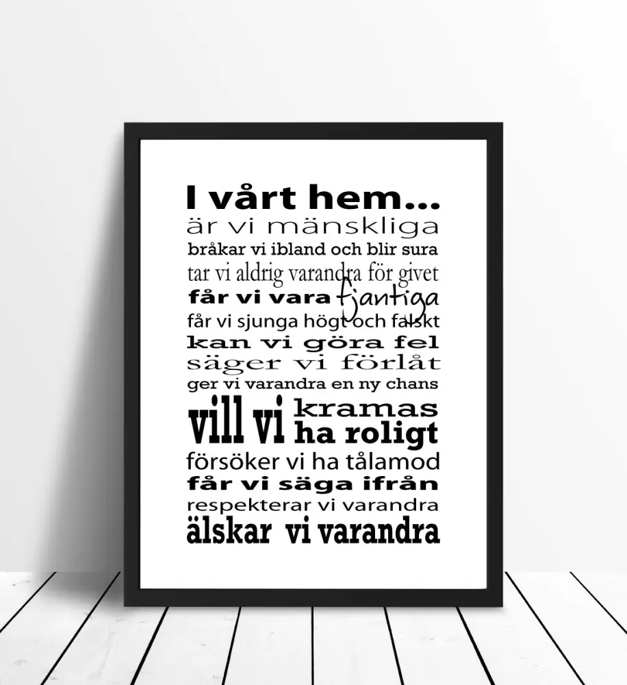 I vårt hem - Vit med svart tryck Poster