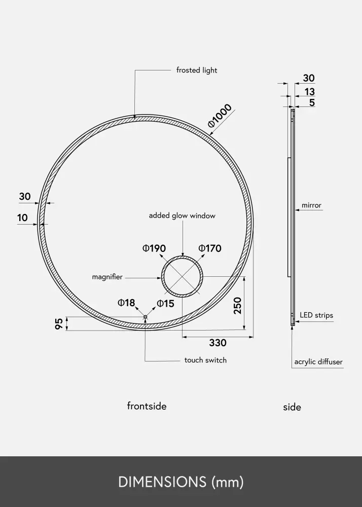 KAILA Spegel Circular Magnifying LED 100 cm Ø