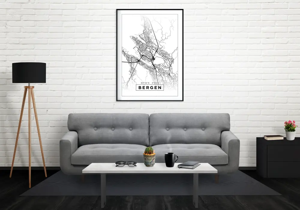 Karta - Bergen - Vit Poster