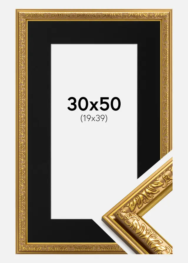 Ram Nostalgia Guld 30x50 cm - Passepartout Svart 20x40 cm