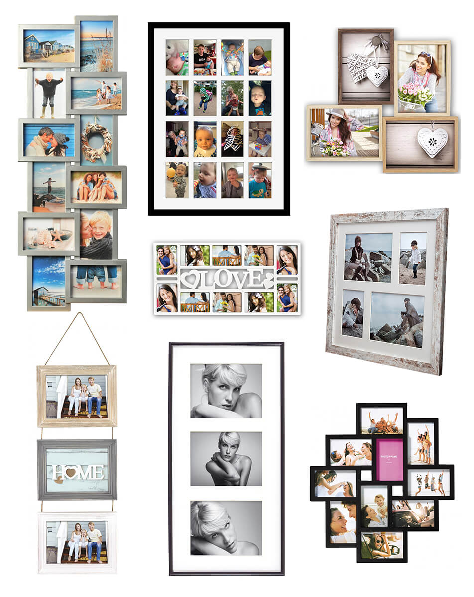 Olika collageramar med familjefoton - fotoramar för collage