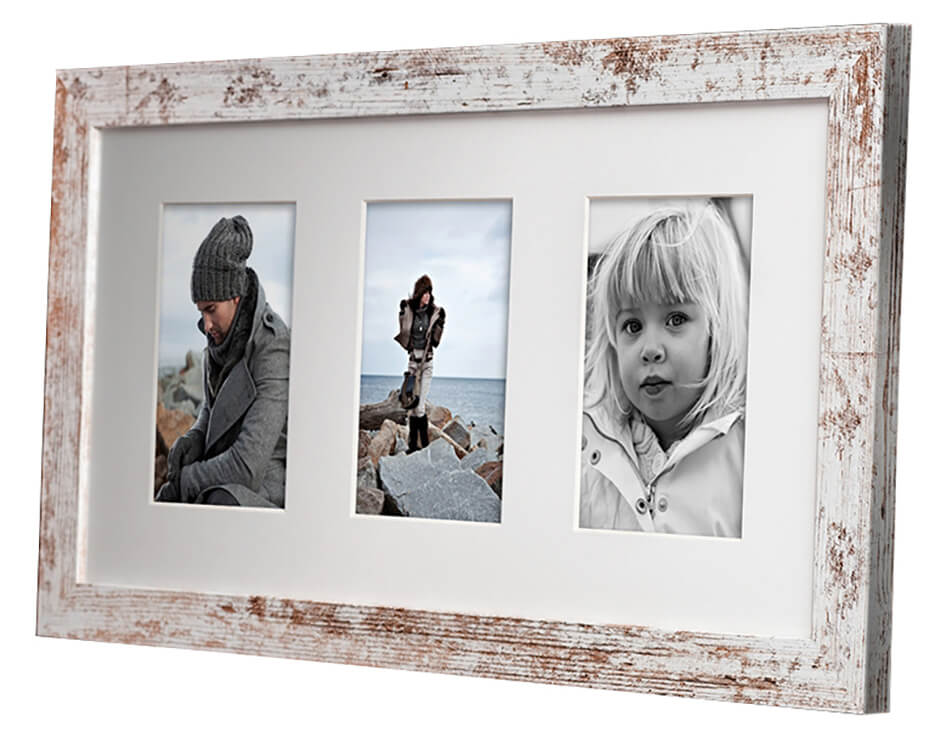 Collageram i rustik stil med tre foton på familj i utemiljö