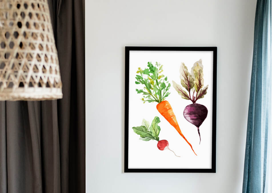Kökstavla med grönsaker mot vit vägg - köksinredning