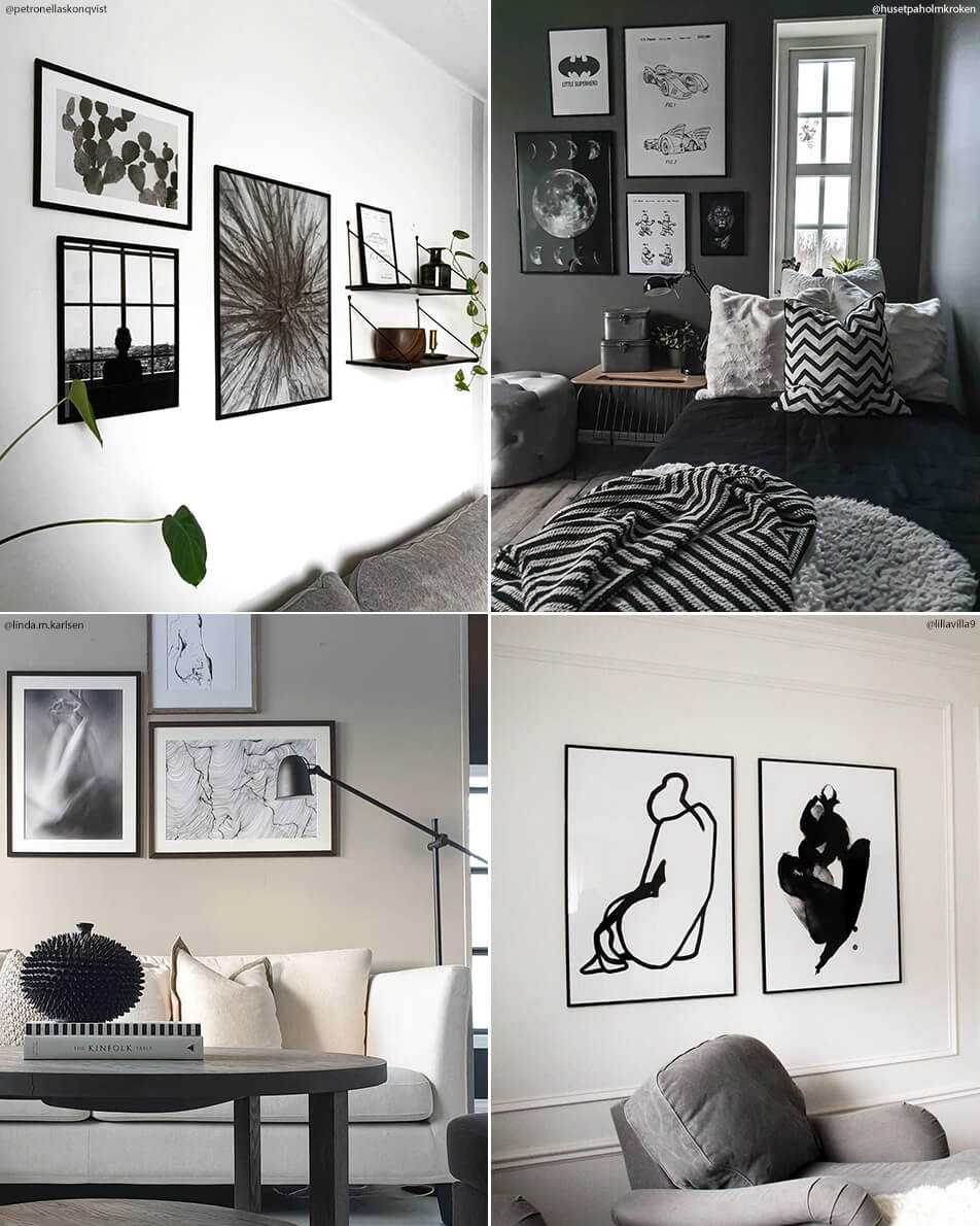 Bilder på vardagsrum och sovrum med tavelväggar och svartvita posters