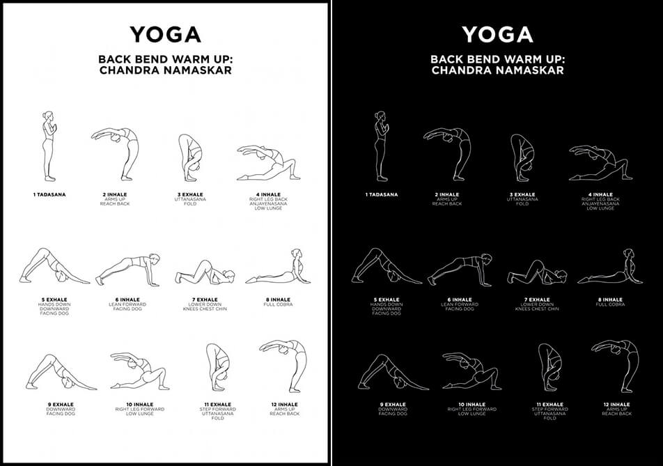 Yoga-poster i vitt eller svart - Chandra Namaskar